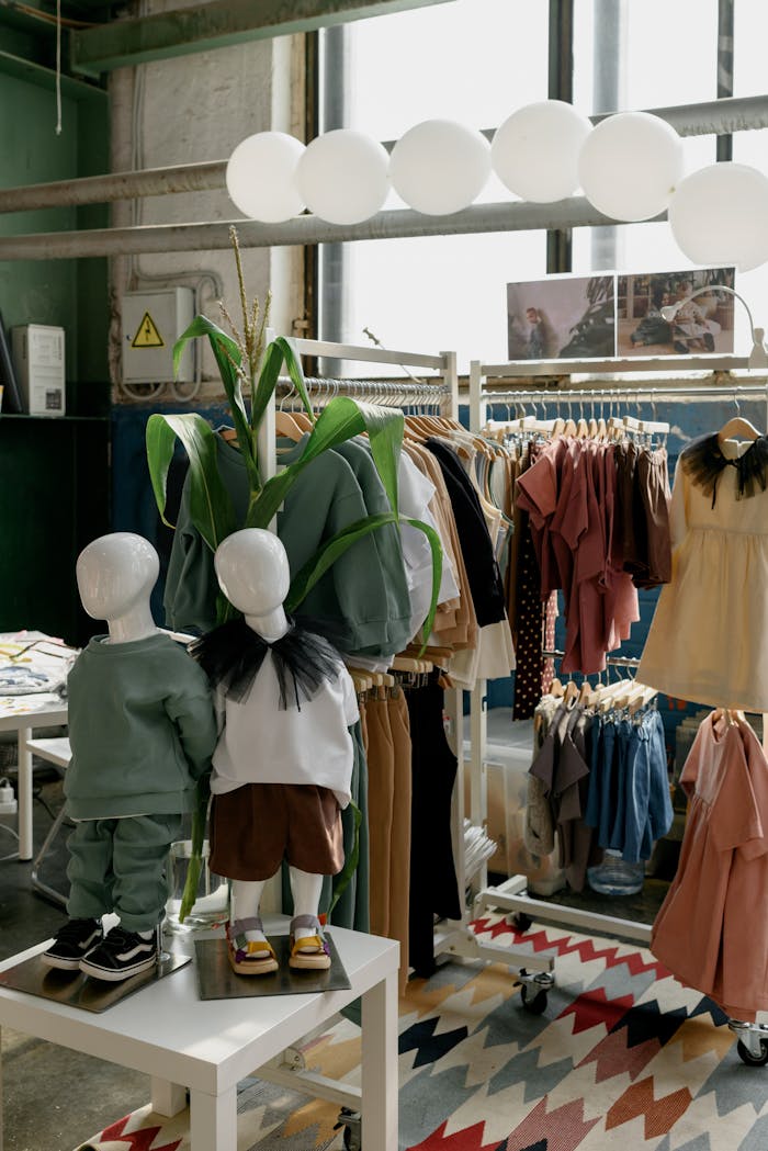Modern kids clothing store with stylish outfits on display. Perfect for trendy childrens fashion.